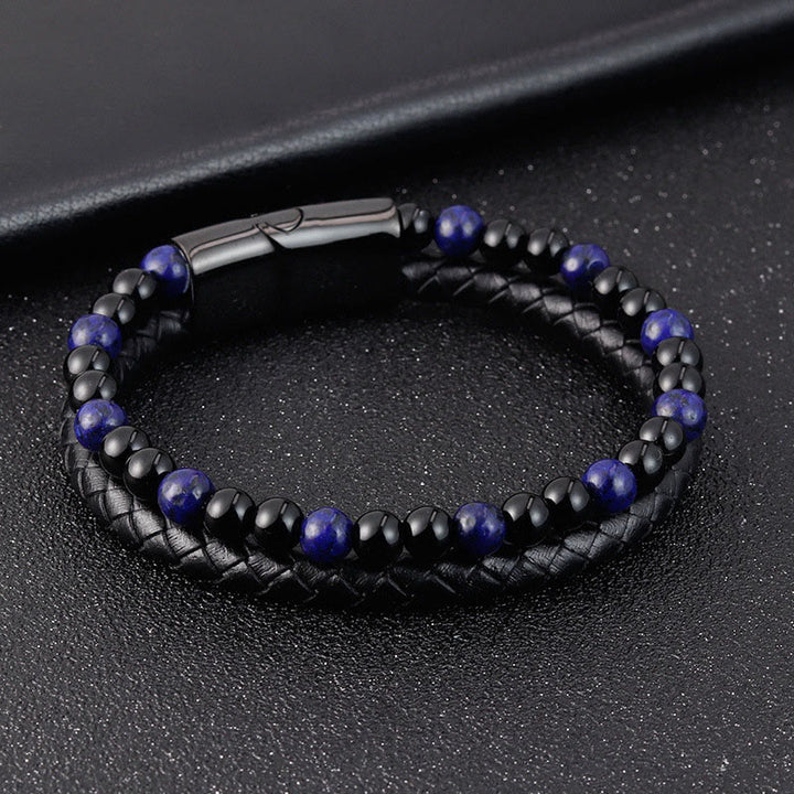 Buddha Stones, Schwarzer Onyx, Lapislazurit, Titanstahl, Armband aus Leder für positive Selbstfürsorge - image 3