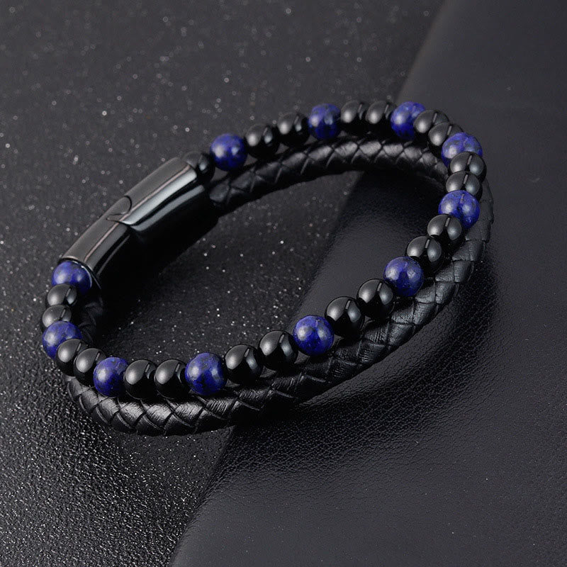 Buddha Stones, Schwarzer Onyx, Lapislazurit, Titanstahl, Armband aus Leder für positive Selbstfürsorge - image 4