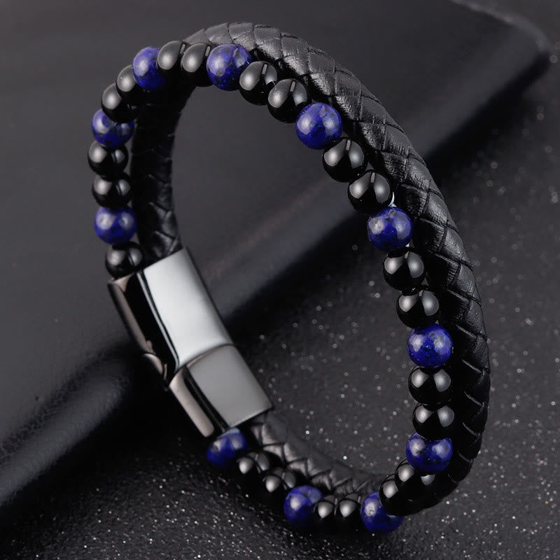 Buddha Stones, Schwarzer Onyx, Lapislazurit, Titanstahl, Armband aus Leder für positive Selbstfürsorge - image 9