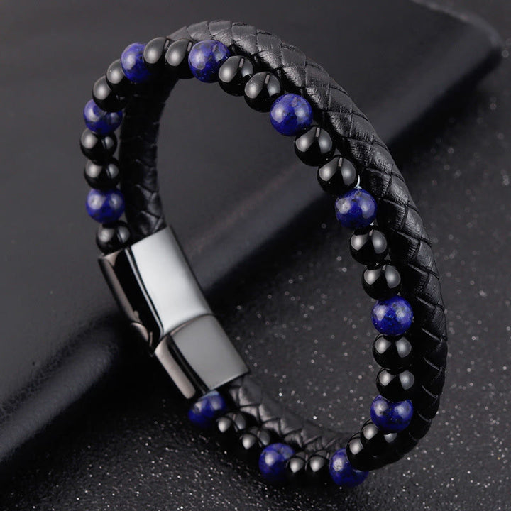 Buddha Stones, Schwarzer Onyx, Lapislazurit, Titanstahl, Armband aus Leder für positive Selbstfürsorge - image 9