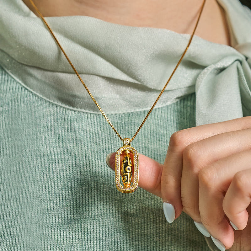 Buddha Stones, 24 Karat vergoldetes Messing, neunäugige Dzi-Perle, glückverheißendes Muster, Reichtumsanhänger-Halskette - image 5