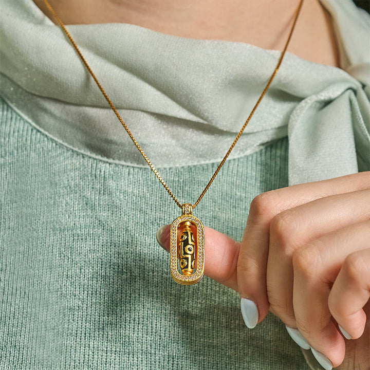 Buddha Stones, 24 Karat vergoldetes Messing, neunäugige Dzi-Perle, glückverheißendes Muster, Reichtumsanhänger-Halskette - image 5