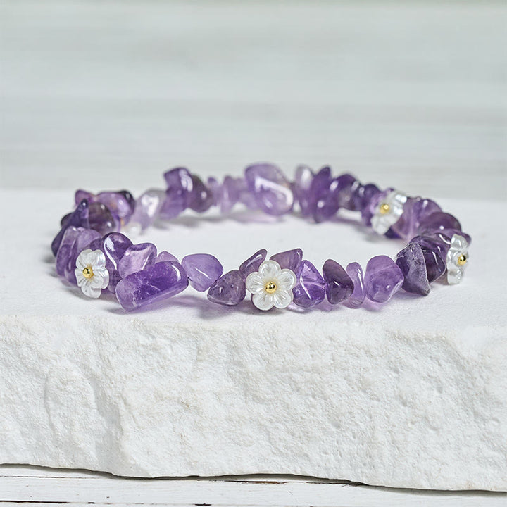 Buddha Stones, unregelmäßiges Kristallblumen-Design, Amethyst, weißer Kristall, Balance-Armband - image 3