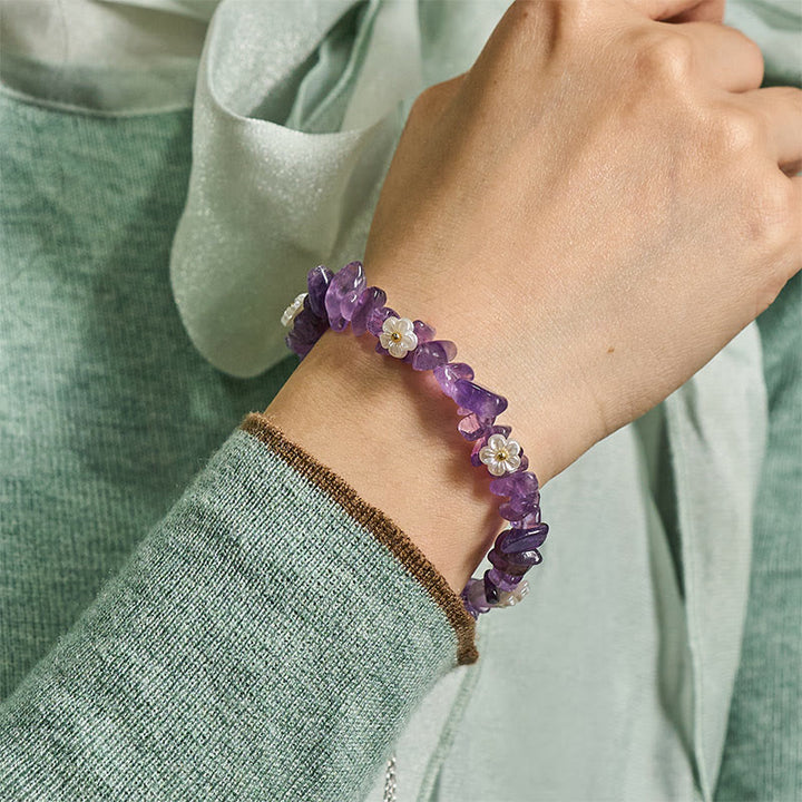 Buddha Stones, unregelmäßiges Kristallblumen-Design, Amethyst, weißer Kristall, Balance-Armband - image 4