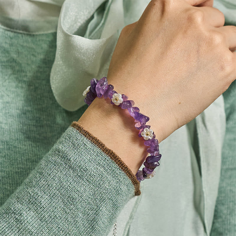 Buddha Stones, unregelmäßiges Kristallblumen-Design, Amethyst, weißer Kristall, Balance-Armband - image 4