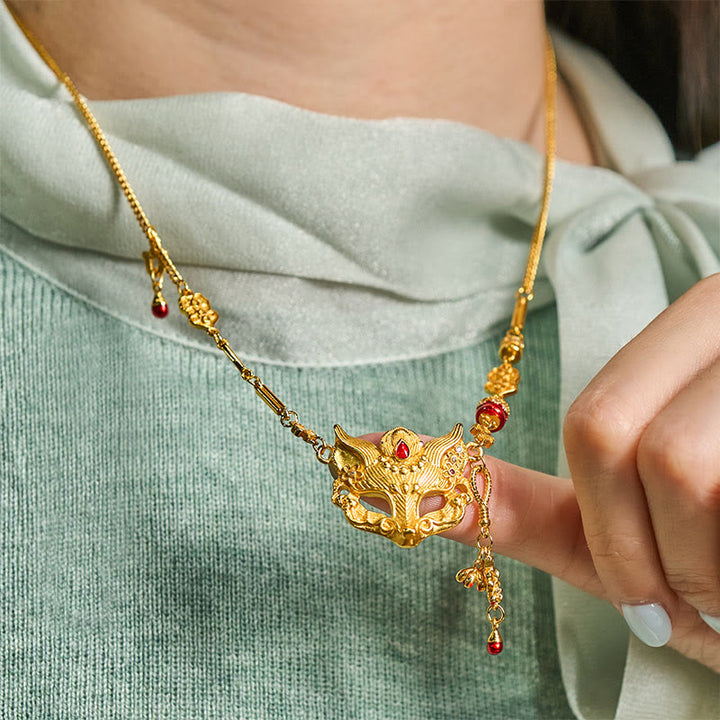 Buddha-Stein-Halskette aus 24-karätig vergoldetem Messing mit Fuchsmotiv und Quaste - image 5