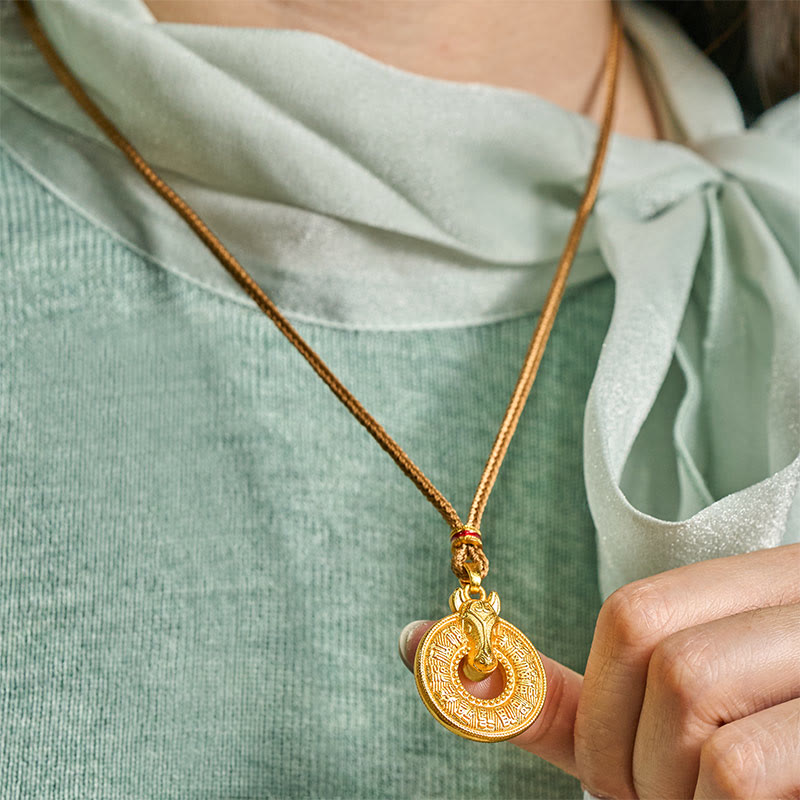 Buddha Stones, Jahr des Pferdes, Friedensschnalle, Fu-Zeichen, vergoldeter Kupfer-Energie-Halskettenanhänger - image 6