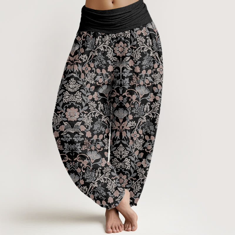 Buddha Stones Haremshose aus reiner Baumwolle mit aufwendigem Blumen-, Blätter- und Rankenmuster, elastischem Bund für Damen. - Schwarz - US16, UK/AU20, EU48 (3XL) - image 0