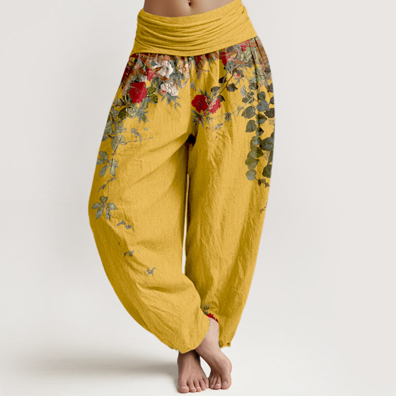 Buddha Stones Haremshose aus reiner Baumwolle mit farbenfrohen Blumen- und Blättermustern, elastischem Bund für Damen - Gold - US16, UK/AU20, EU48 (3XL) - image 0