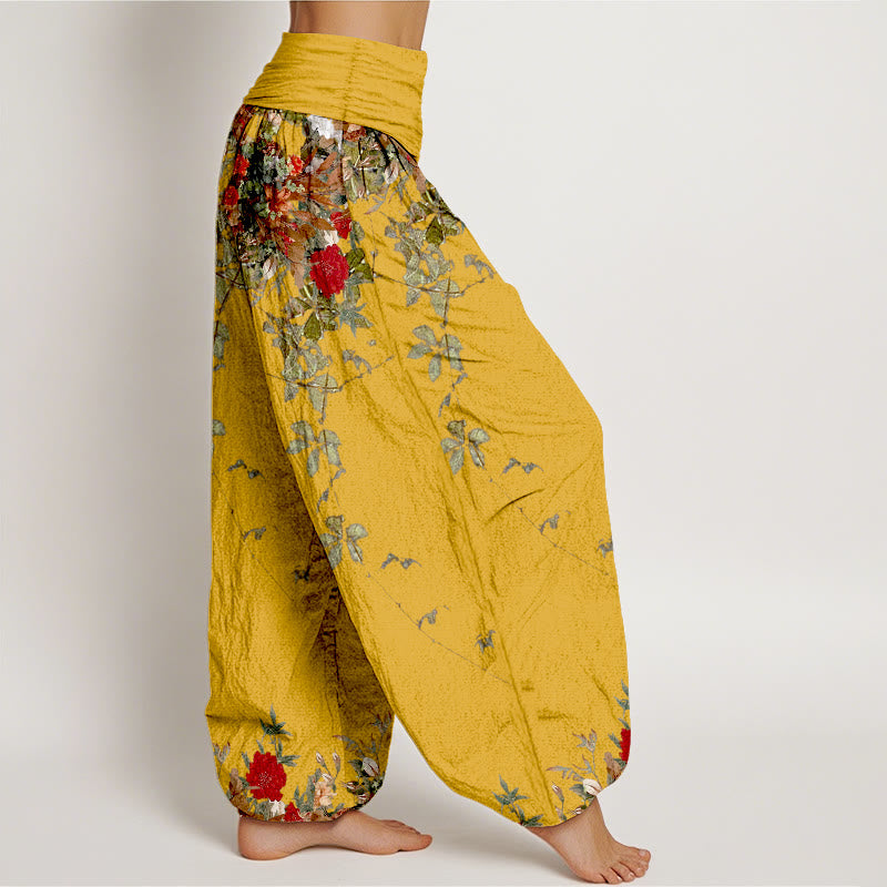 Buddha Stones Haremshose aus reiner Baumwolle mit farbenfrohen Blumen- und Blättermustern, elastischem Bund für Damen - image 2