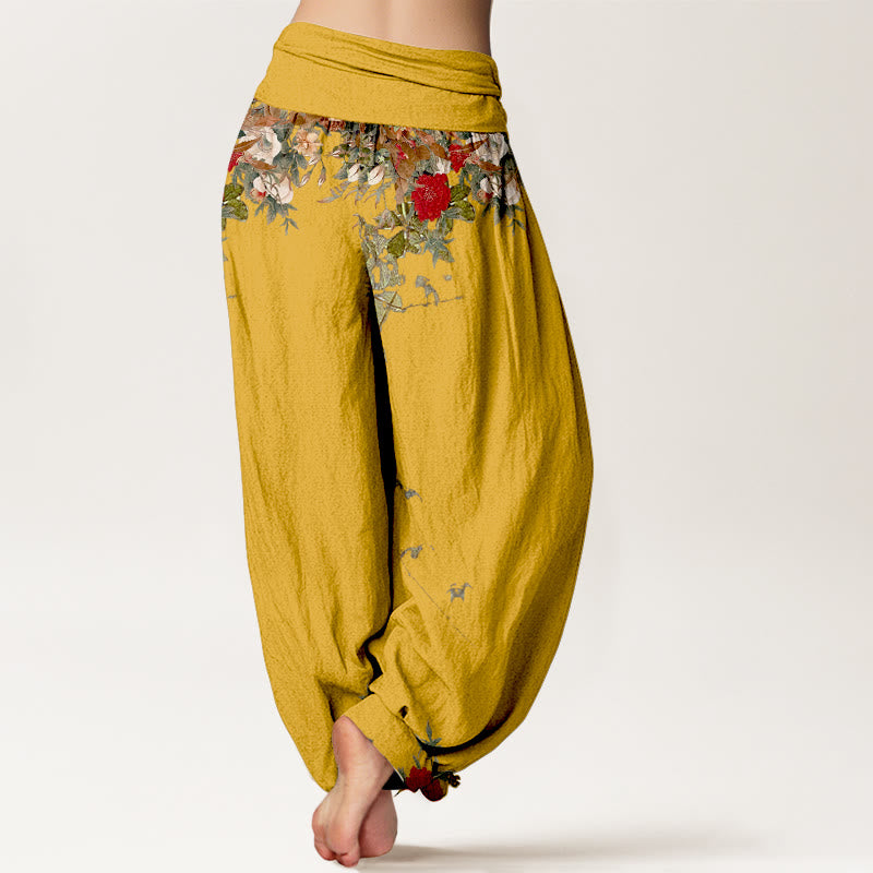 Buddha Stones Haremshose aus reiner Baumwolle mit farbenfrohen Blumen- und Blättermustern, elastischem Bund für Damen - image 1
