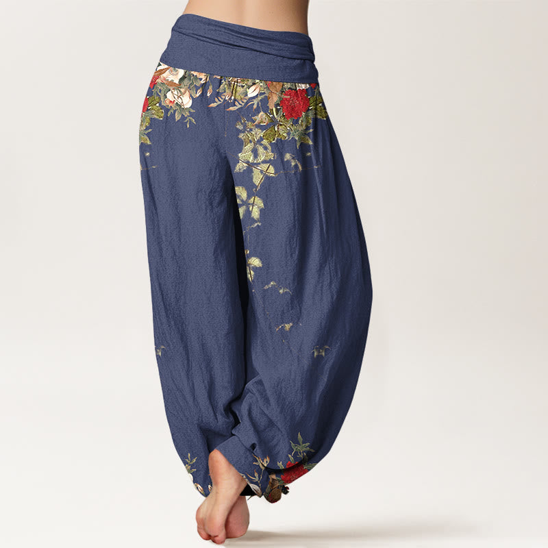 Buddha Stones Haremshose aus reiner Baumwolle mit farbenfrohen Blumen- und Blättermustern, elastischem Bund für Damen - image 6