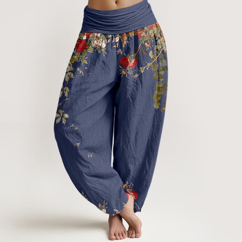 Buddha Stones Haremshose aus reiner Baumwolle mit farbenfrohen Blumen- und Blättermustern, elastischem Bund für Damen - Dunkelschieferblau - US16, UK/AU20, EU48 (3XL) - image 5