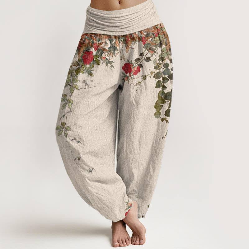 Buddha Stones Haremshose aus reiner Baumwolle mit farbenfrohen Blumen- und Blättermustern, elastischem Bund für Damen - Beige - US16, UK/AU20, EU48 (3XL) - image 8