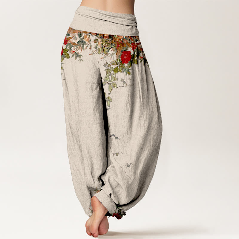 Buddha Stones Haremshose aus reiner Baumwolle mit farbenfrohen Blumen- und Blättermustern, elastischem Bund für Damen - image 9