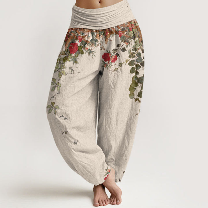Buddha Stones Haremshose aus reiner Baumwolle mit farbenfrohen Blumen- und Blättermustern, elastischem Bund für Damen - Beige - US16, UK/AU20, EU48 (3XL) - image 8