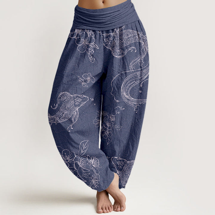 Buddha Stones, reine Baumwolle, exquisite Koi-Fisch- und Blumenmuster, Damen-Haremshose mit elastischem Bund - Dunkelschieferblau - US16, UK/AU20, EU48 (3XL) - image 0