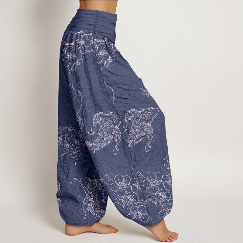 Buddha Stones, reine Baumwolle, exquisite Koi-Fisch- und Blumenmuster, Damen-Haremshose mit elastischem Bund - image 2