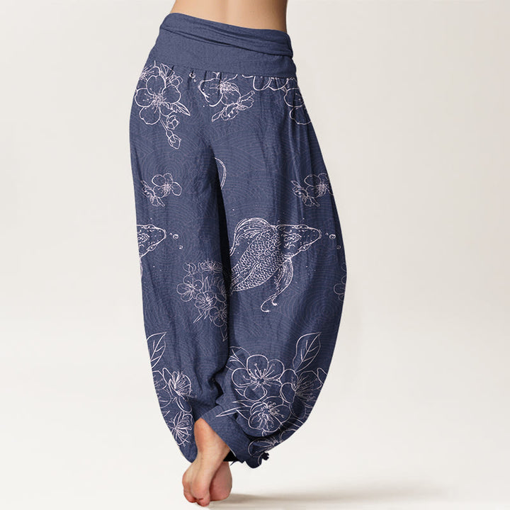 Buddha Stones, reine Baumwolle, exquisite Koi-Fisch- und Blumenmuster, Damen-Haremshose mit elastischem Bund - image 1
