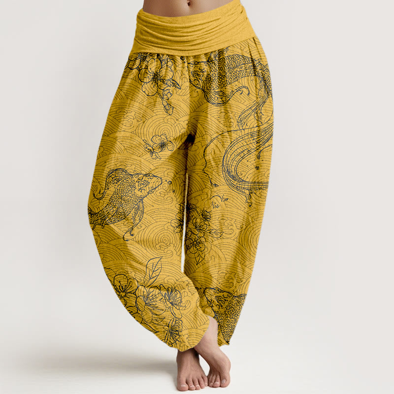 Buddha Stones, reine Baumwolle, exquisite Koi-Fisch- und Blumenmuster, Damen-Haremshose mit elastischem Bund - Gold - US16, UK/AU20, EU48 (3XL) - image 5