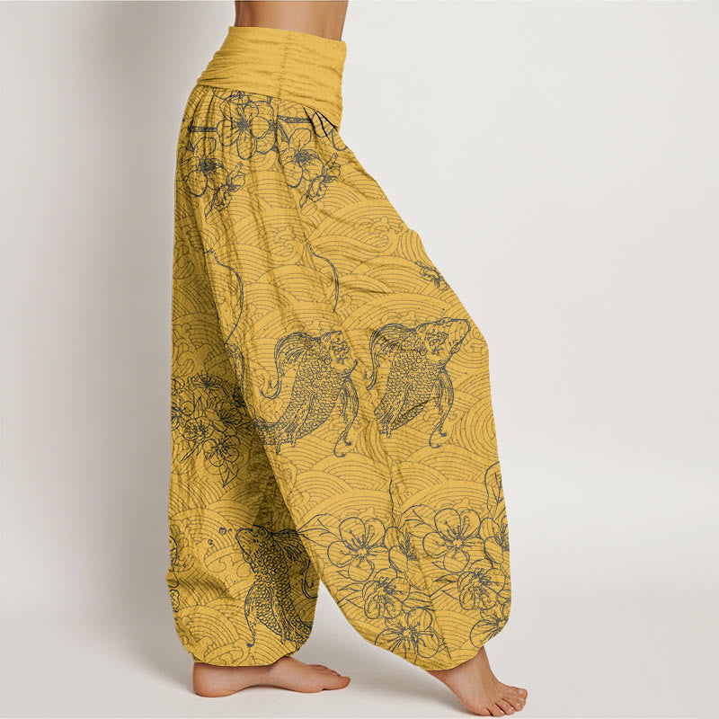 Buddha Stones, reine Baumwolle, exquisite Koi-Fisch- und Blumenmuster, Damen-Haremshose mit elastischem Bund - image 7