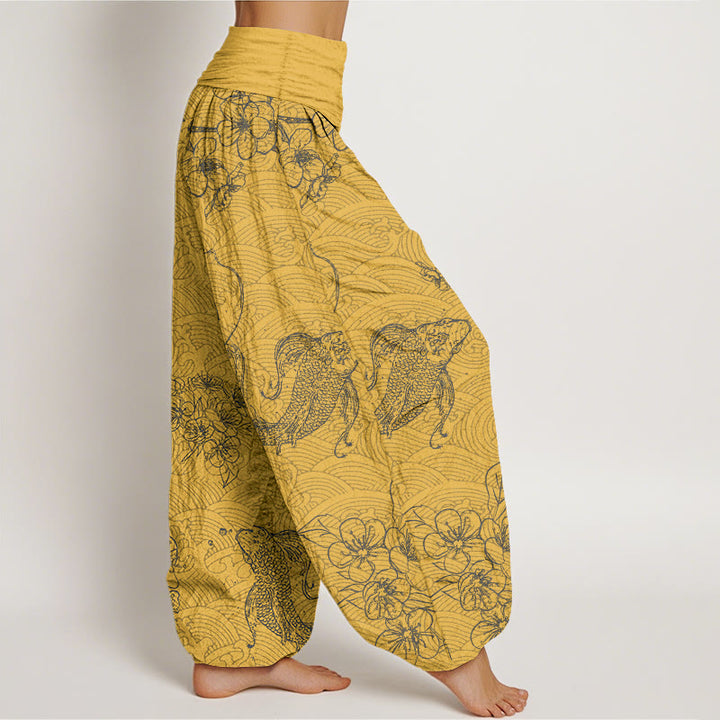 Buddha Stones, reine Baumwolle, exquisite Koi-Fisch- und Blumenmuster, Damen-Haremshose mit elastischem Bund - image 7