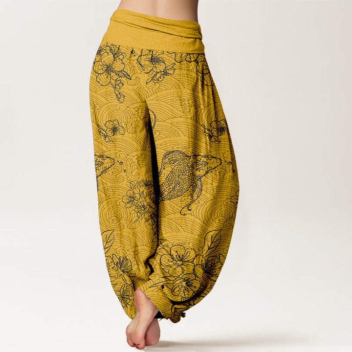 Buddha Stones, reine Baumwolle, exquisite Koi-Fisch- und Blumenmuster, Damen-Haremshose mit elastischem Bund - image 6