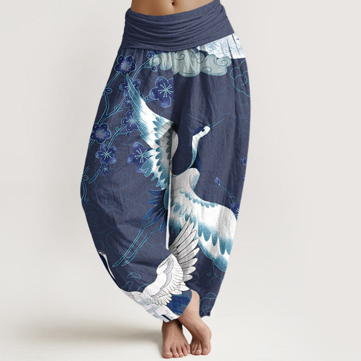 Haremshose aus reiner Baumwolle mit Buddha Stones, Kranichen, Blumen und Wolkenmotiven, elastischem Bund für Damen - Dunkelschieferblau - US16, UK/AU20, EU48 (3XL) - image 0