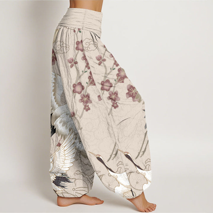 Haremshose aus reiner Baumwolle mit Buddha Stones, Kranichen, Blumen und Wolkenmotiven, elastischem Bund für Damen - image 7