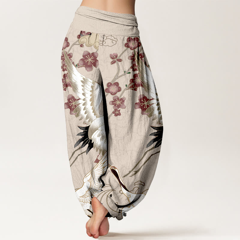 Haremshose aus reiner Baumwolle mit Buddha Stones, Kranichen, Blumen und Wolkenmotiven, elastischem Bund für Damen - image 6