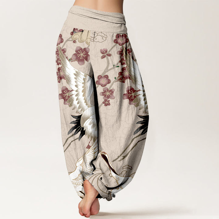 Haremshose aus reiner Baumwolle mit Buddha Stones, Kranichen, Blumen und Wolkenmotiven, elastischem Bund für Damen - image 6