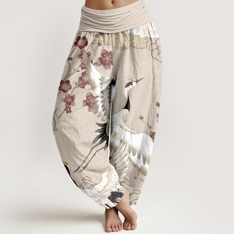 Haremshose aus reiner Baumwolle mit Buddha Stones, Kranichen, Blumen und Wolkenmotiven, elastischem Bund für Damen - Papaya-Sahne - US16, UK/AU20, EU48 (3XL) - image 5