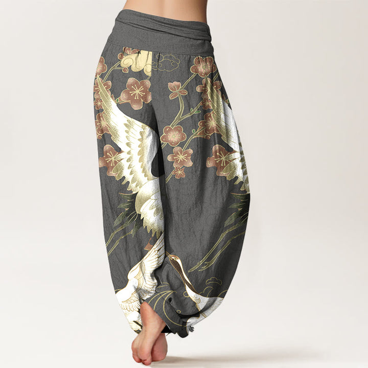 Haremshose aus reiner Baumwolle mit Buddha Stones, Kranichen, Blumen und Wolkenmotiven, elastischem Bund für Damen - image 9