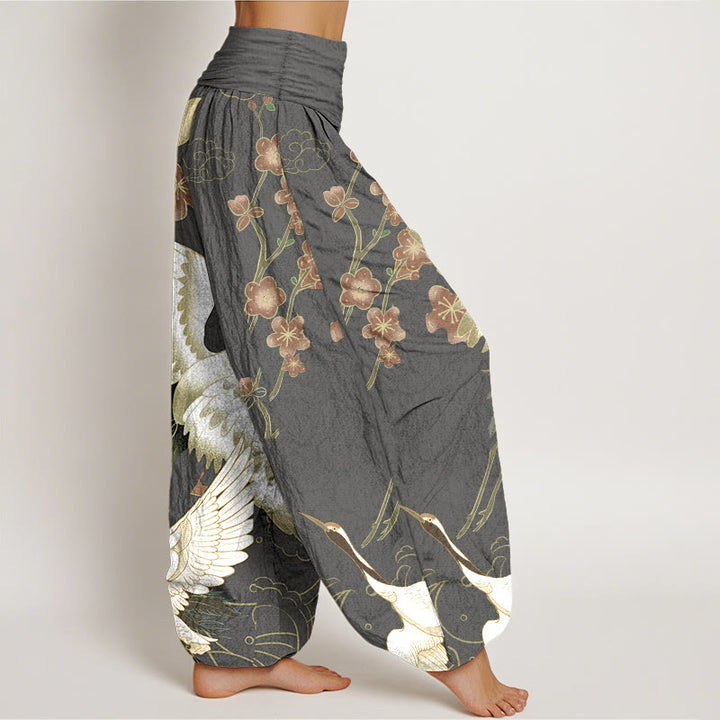 Haremshose aus reiner Baumwolle mit Buddha Stones, Kranichen, Blumen und Wolkenmotiven, elastischem Bund für Damen - image 10