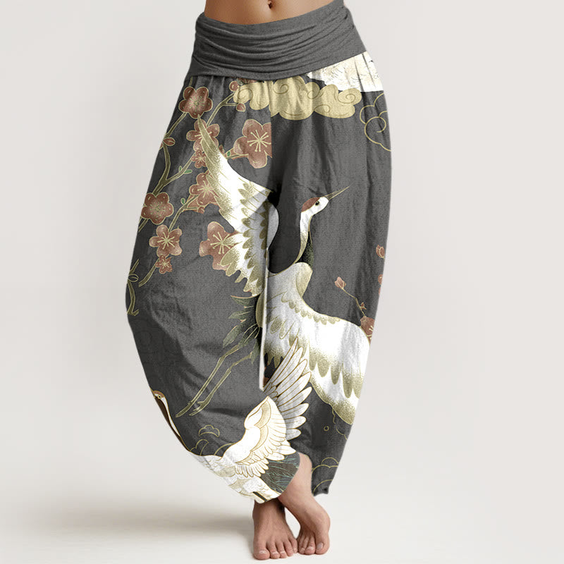 Haremshose aus reiner Baumwolle mit Buddha Stones, Kranichen, Blumen und Wolkenmotiven, elastischem Bund für Damen - DimGray - US16, UK/AU20, EU48 (3XL) - image 8