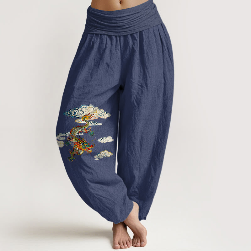 Buddha Stones Haremshose aus reiner Baumwolle mit buntem Drachen- und Wolkenmuster, elastischem Bund, Damen - Dunkelschieferblau - US16, UK/AU20, EU48 (3XL) - image 5