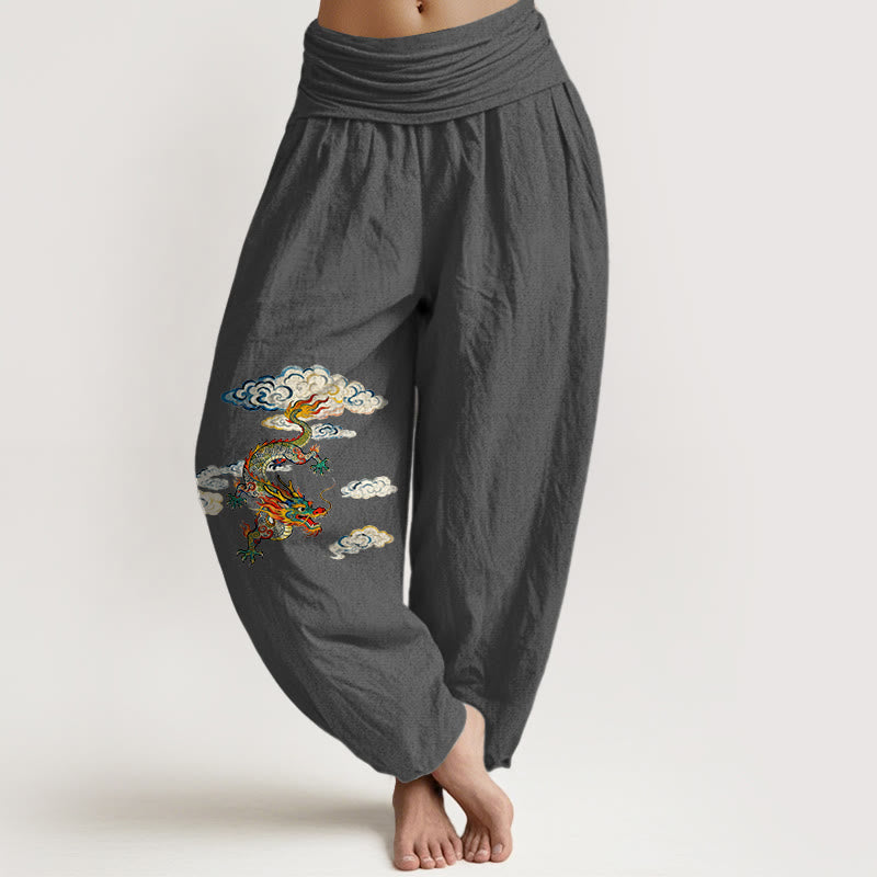Buddha Stones Haremshose aus reiner Baumwolle mit buntem Drachen- und Wolkenmuster, elastischem Bund, Damen - DimGray - US16, UK/AU20, EU48 (3XL) - image 8