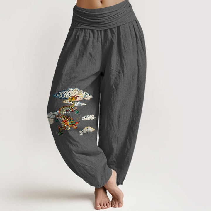 Buddha Stones Haremshose aus reiner Baumwolle mit buntem Drachen- und Wolkenmuster, elastischem Bund, Damen - DimGray - US16, UK/AU20, EU48 (3XL) - image 8