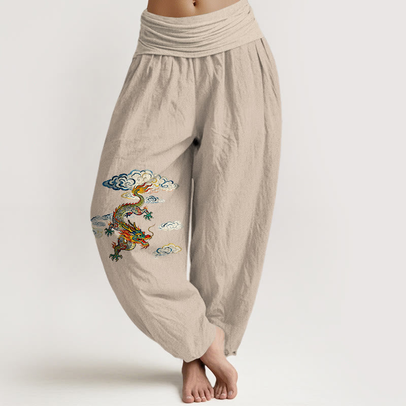 Buddha Stones Haremshose aus reiner Baumwolle mit buntem Drachen- und Wolkenmuster, elastischem Bund, Damen - Bräunen - US16, UK/AU20, EU48 (3XL) - image 11