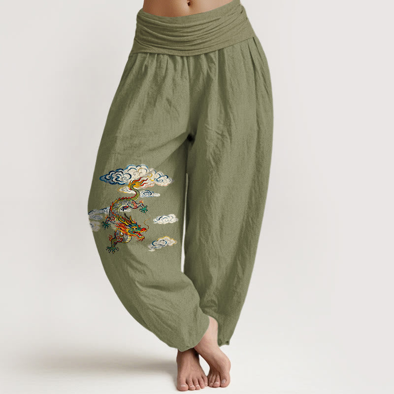 Buddha Stones Haremshose aus reiner Baumwolle mit buntem Drachen- und Wolkenmuster, elastischem Bund, Damen - Olivgrün - US16, UK/AU20, EU48 (3XL) - image 14