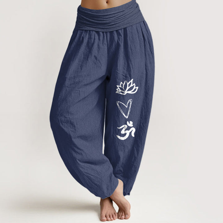 Damen-Haremshose aus reiner Baumwolle mit Buddha Stones , Lotusherz- und Om-Symbolmuster sowie elastischem Bund. - Dunkelschieferblau - US16, UK/AU20, EU48 (3XL) - image 0