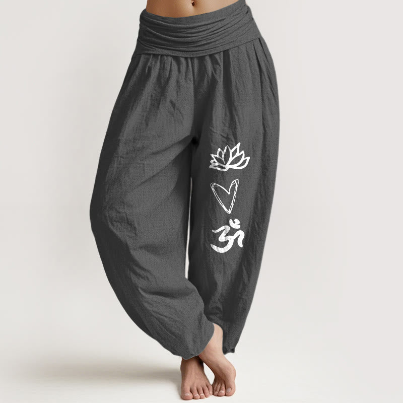 Damen-Haremshose aus reiner Baumwolle mit Buddha Stones , Lotusherz- und Om-Symbolmuster sowie elastischem Bund. - DimGray - US16, UK/AU20, EU48 (3XL) - image 8