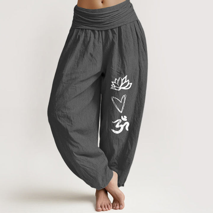 Damen-Haremshose aus reiner Baumwolle mit Buddha Stones , Lotusherz- und Om-Symbolmuster sowie elastischem Bund. - DimGray - US16, UK/AU20, EU48 (3XL) - image 8