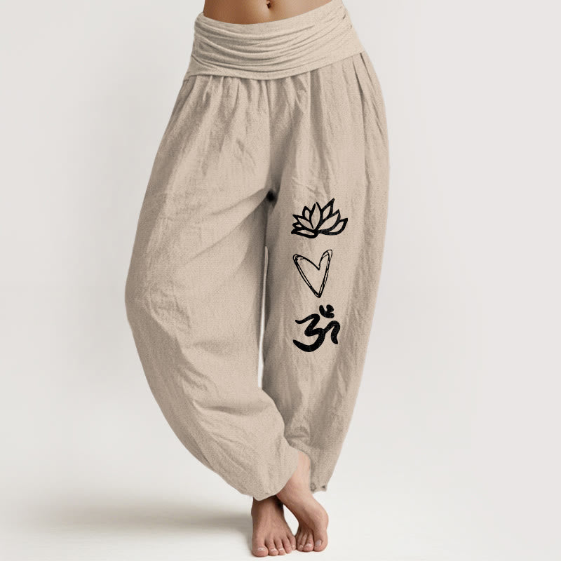 Damen-Haremshose aus reiner Baumwolle mit Buddha Stones , Lotusherz- und Om-Symbolmuster sowie elastischem Bund. - Bräunen - US16, UK/AU20, EU48 (3XL) - image 11