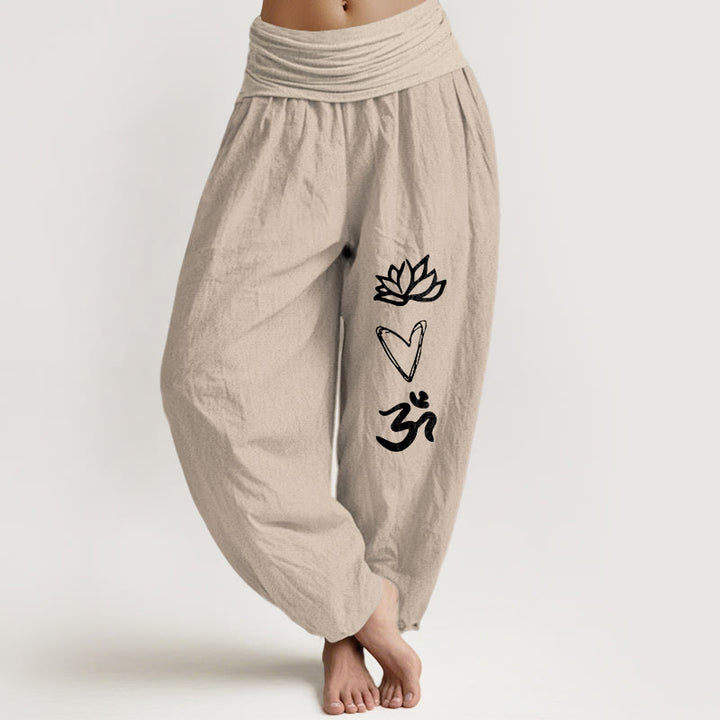 Damen-Haremshose aus reiner Baumwolle mit Buddha Stones , Lotusherz- und Om-Symbolmuster sowie elastischem Bund. - Bräunen - US16, UK/AU20, EU48 (3XL) - image 11