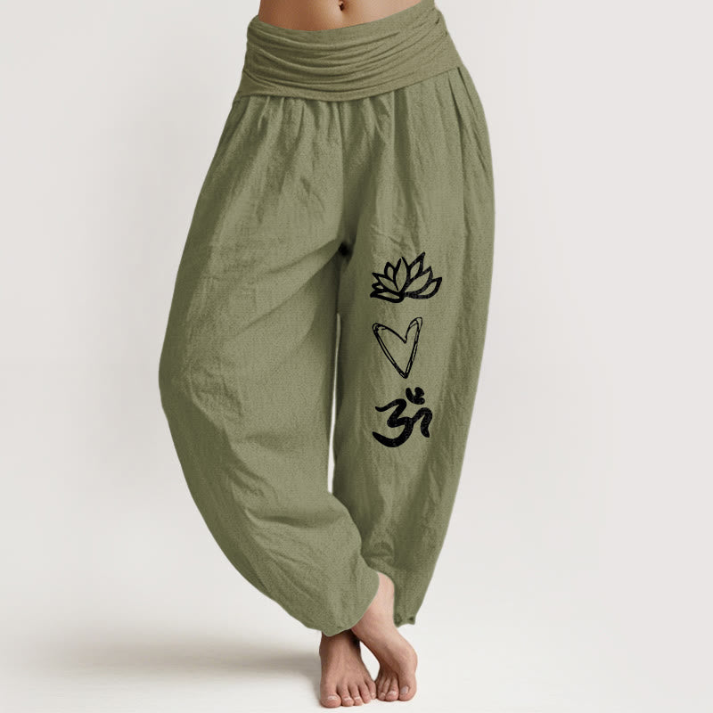 Damen-Haremshose aus reiner Baumwolle mit Buddha Stones , Lotusherz- und Om-Symbolmuster sowie elastischem Bund. - Olivgrün - US16, UK/AU20, EU48 (3XL) - image 14