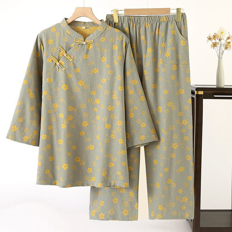 Buddha Stones 2-teiliges Set aus farbenfrohem, geblümtem Langarmhemd mit Froschknopfleiste und Hose mit Taschen aus reiner Baumwolle  - Dunkelmeergrün - US6, UK/AU10, EU38 (XL) - image 0
