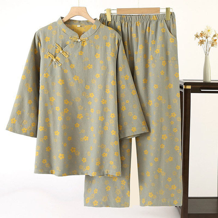 Buddha Stones 2-teiliges Set aus farbenfrohem, geblümtem Langarmhemd mit Froschknopfleiste und Hose mit Taschen aus reiner Baumwolle  - Dunkelmeergrün - US6, UK/AU10, EU38 (XL) - image 0