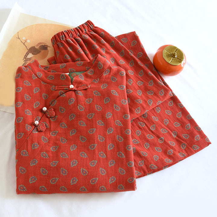 Buddha Stones 2-teiliges Set aus farbenfrohem, geblümtem Langarmhemd mit Froschknopfleiste und Hose mit Taschen aus reiner Baumwolle  - image 7