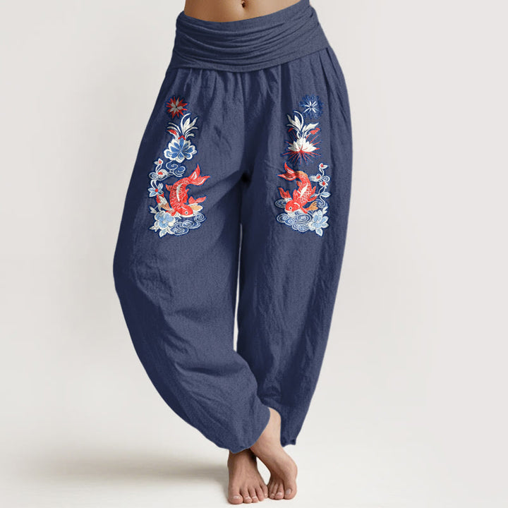 Buddha Stones Damen-Haremshose aus reiner Baumwolle mit auffälligem Koi-Fisch- und Blumenmuster sowie elastischem Bund. - Dunkelschieferblau - US16, UK/AU20, EU48 (3XL) - image 8
